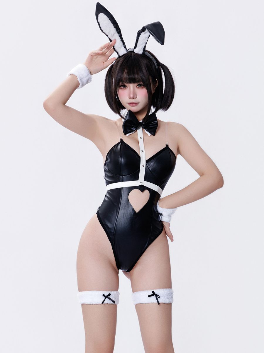 Sexy Faux Leather Bunny Girl Costume Kawaii Heart Cutout Teddy Lingerie Set