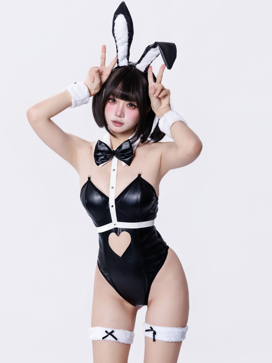 Sexy Faux Leather Bunny Girl Costume Kawaii Heart Cutout Teddy Lingerie Set