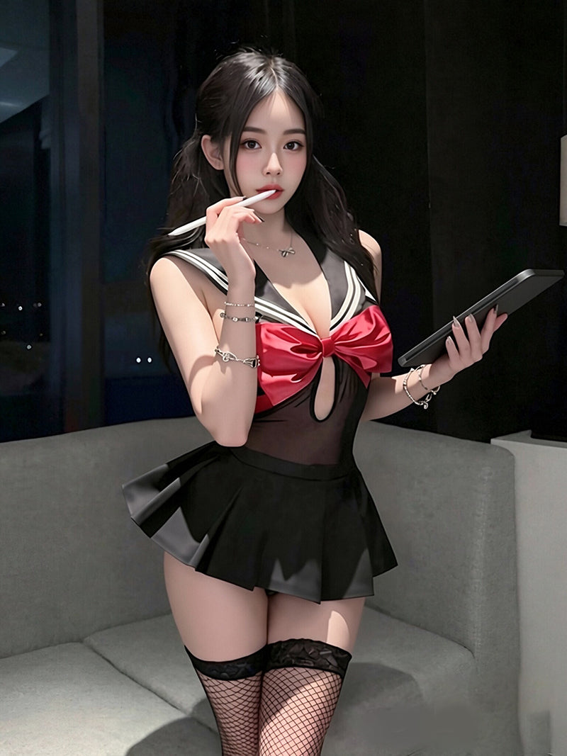 Japanese Schoolgirl Cosplay Costume Anime Sailor Mesh Bodysuit with Mini Skirt