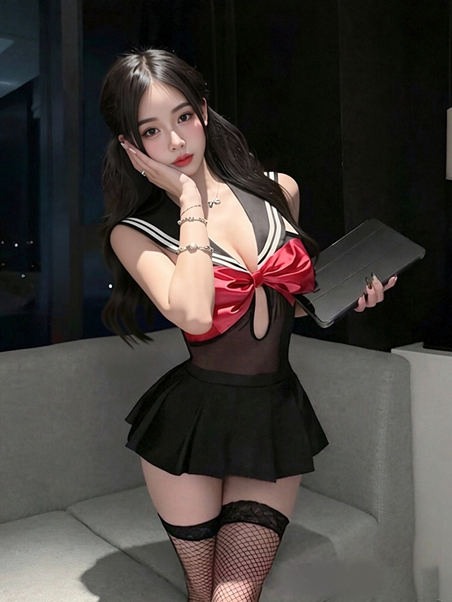 Japanese Schoolgirl Cosplay Costume Anime Sailor Mesh Bodysuit with Mini Skirt