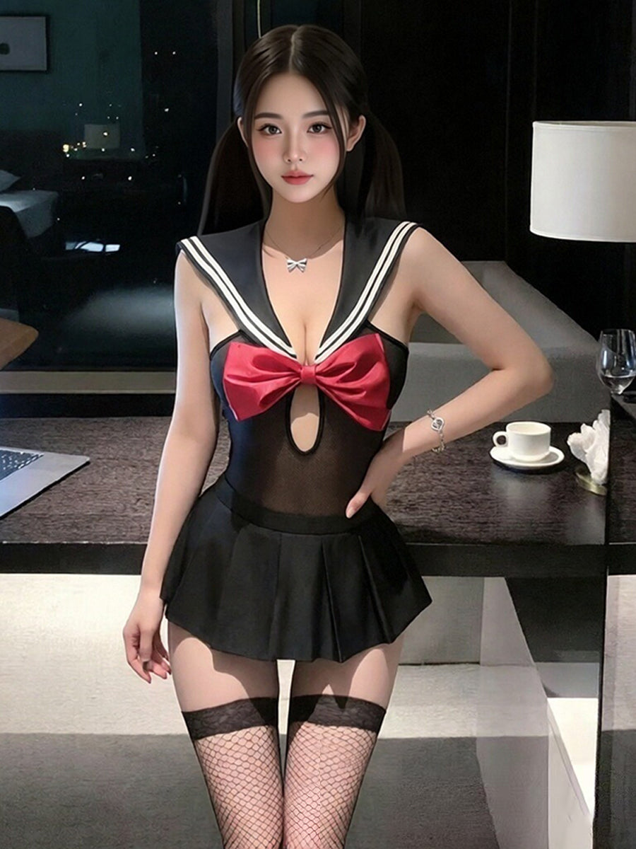 Japanese Schoolgirl Cosplay Costume Anime Sailor Mesh Bodysuit with Mini Skirt