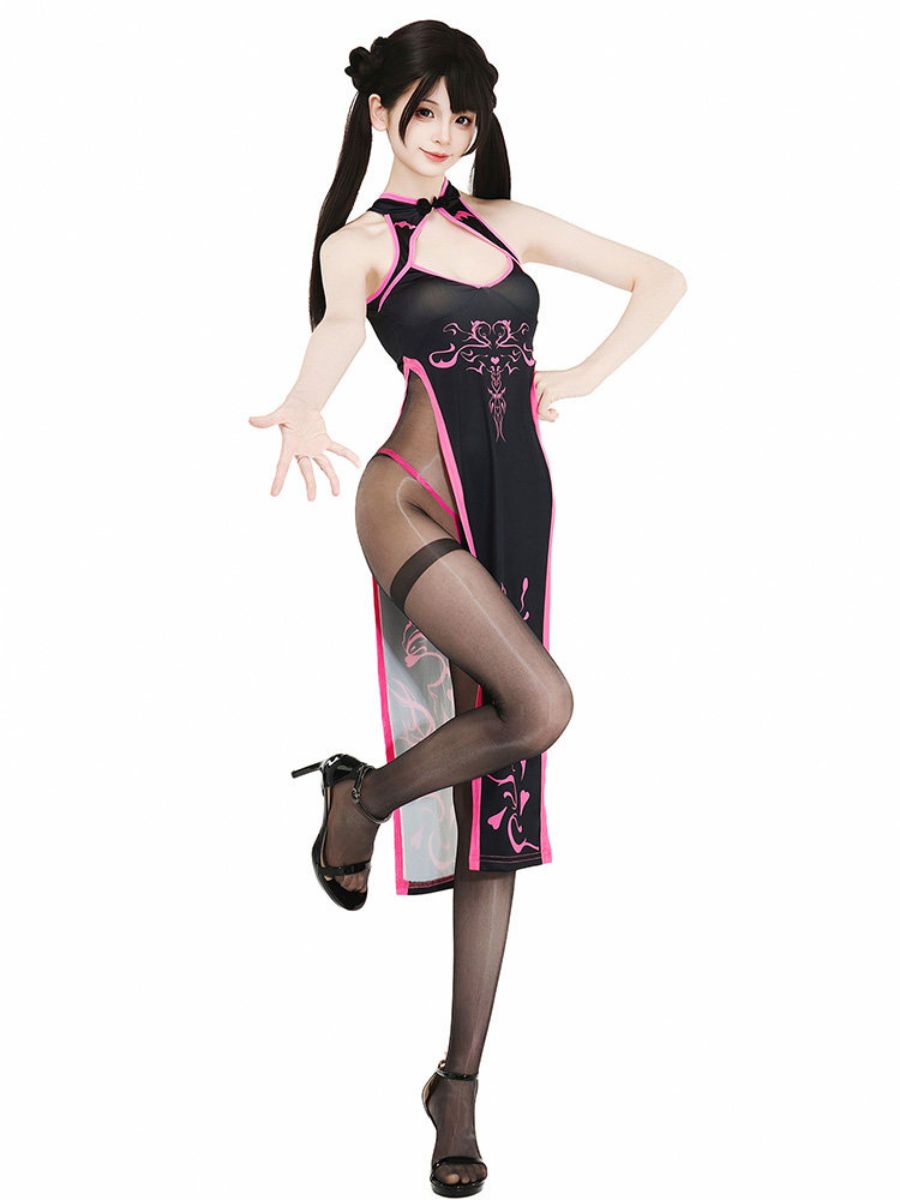 Cyber Gothic Cheongsam Dress Black Graphic High Slit Qipao Roleplay Set