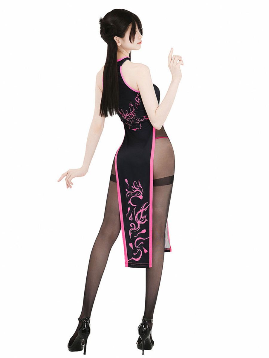 Cyber Gothic Cheongsam Dress Black Graphic High Slit Qipao Roleplay Set