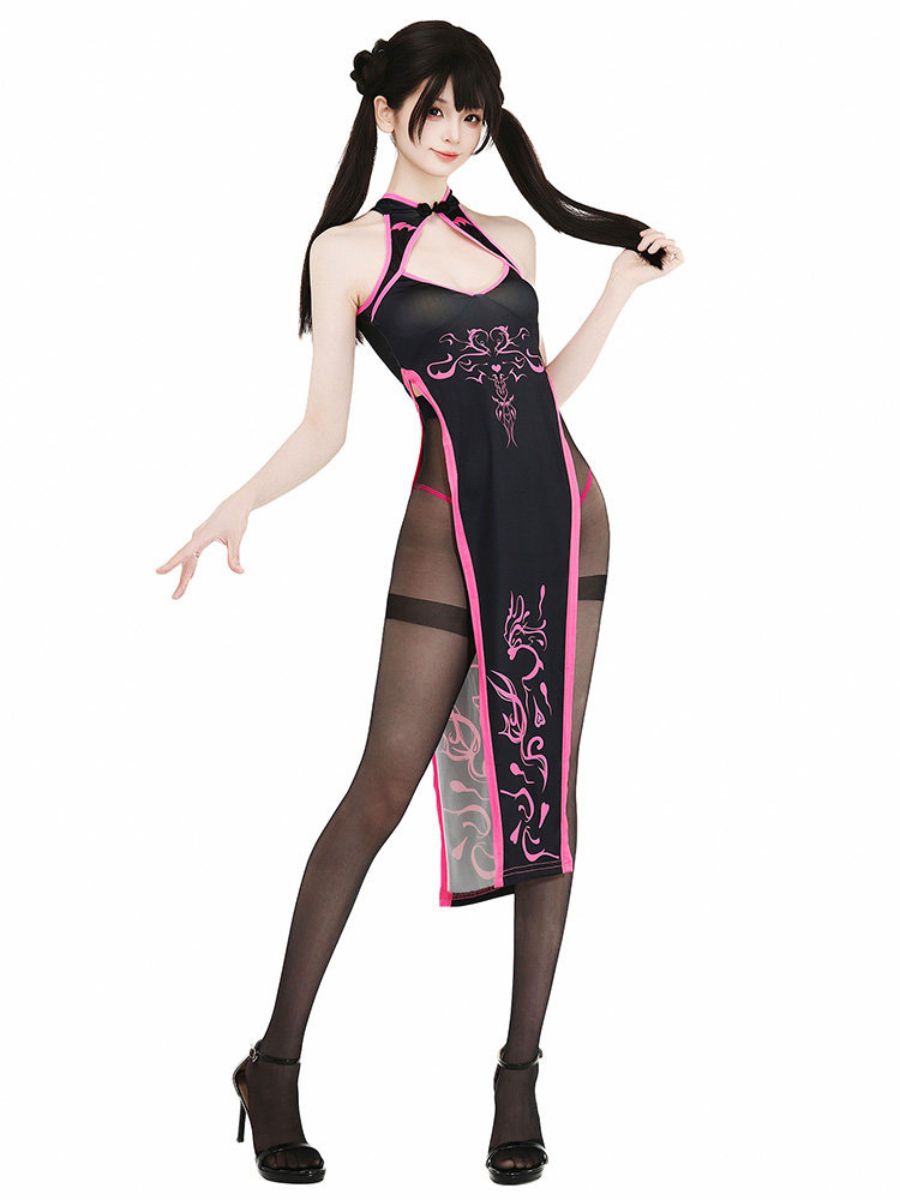Cyber Gothic Cheongsam Dress Black Graphic High Slit Qipao Roleplay Set