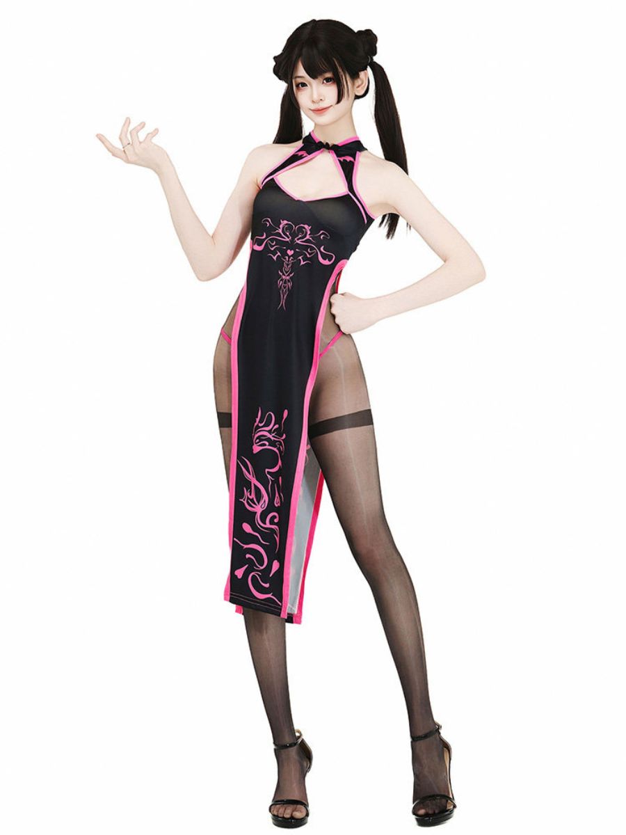 Cyber Gothic Cheongsam Dress Black Graphic High Slit Qipao Roleplay Set