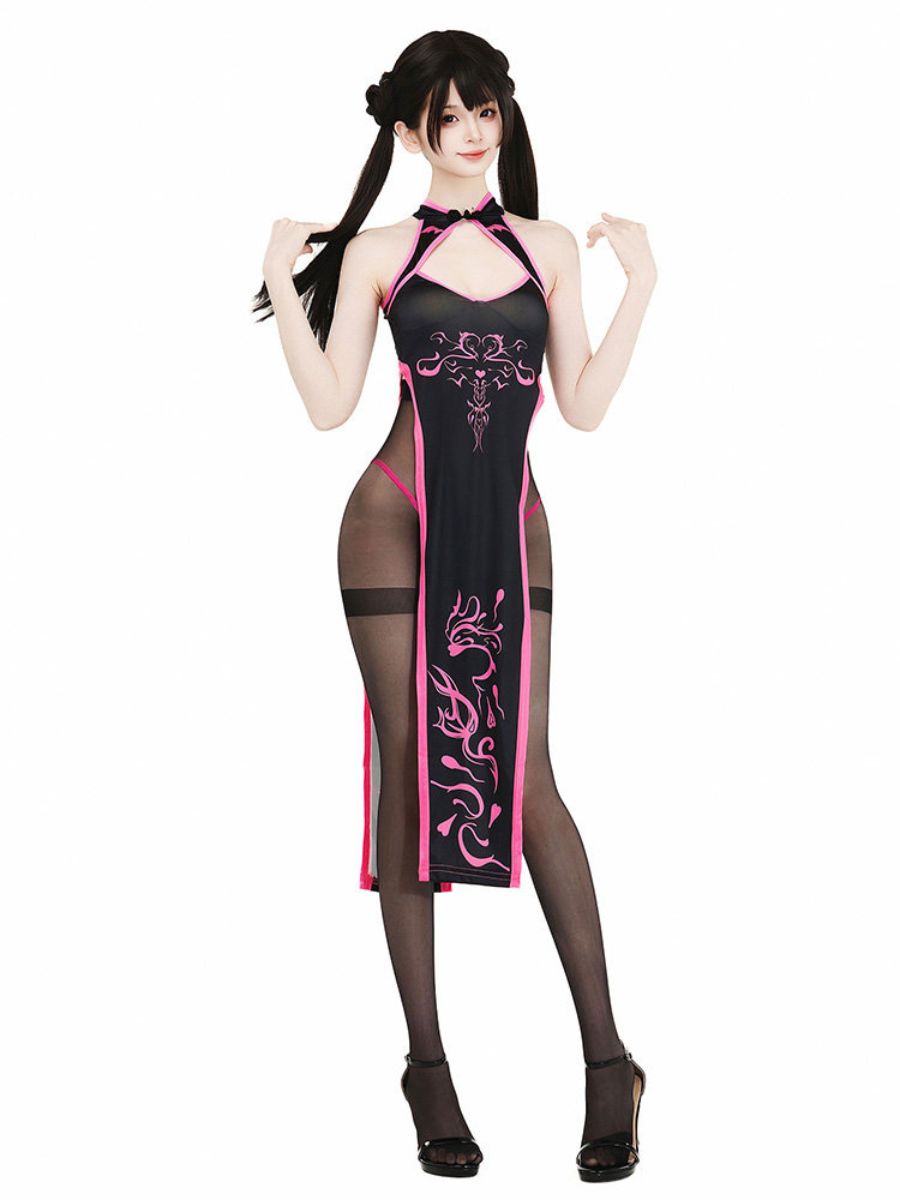 Cyber Gothic Cheongsam Dress Black Graphic High Slit Qipao Roleplay Set