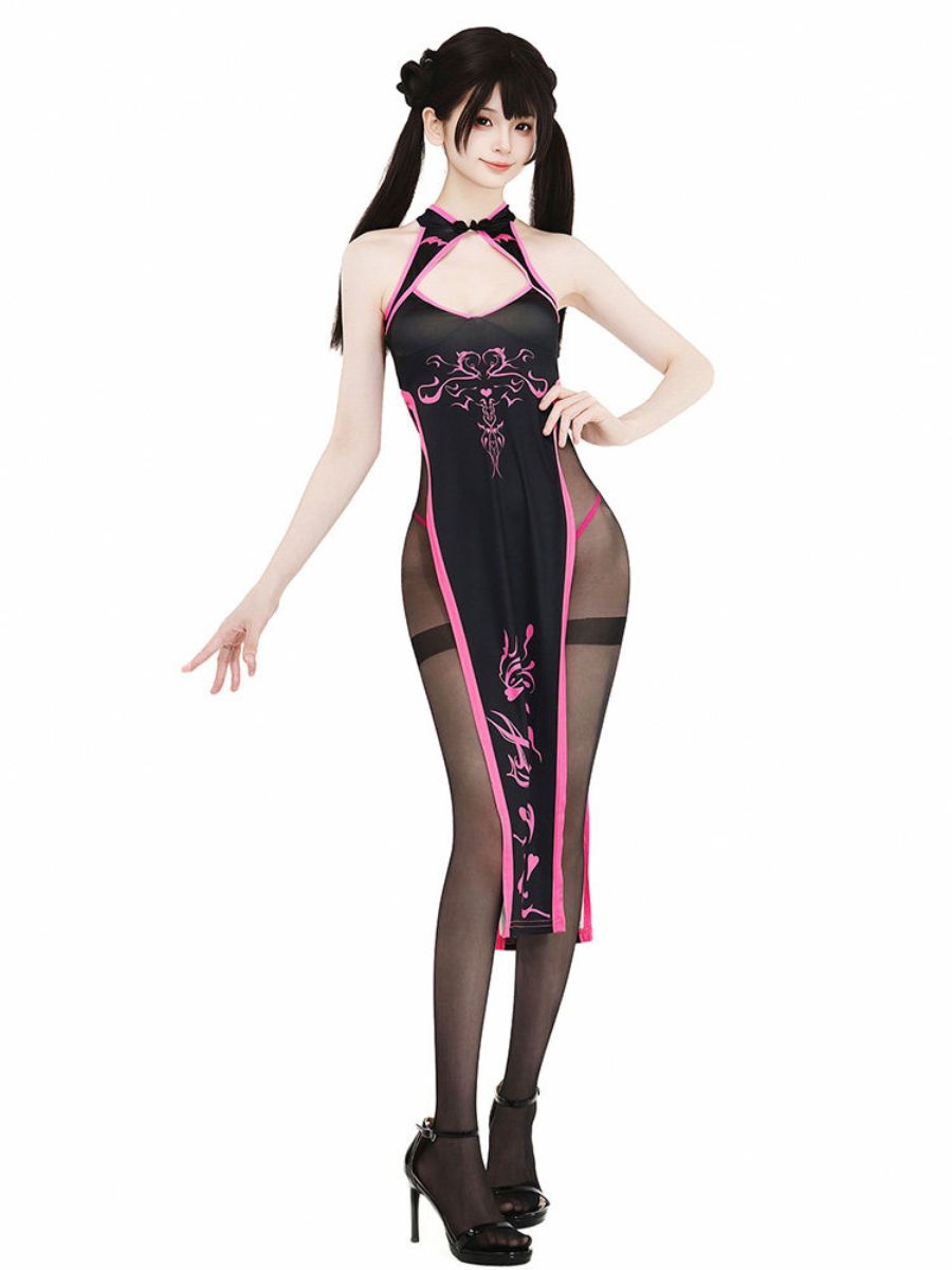 Cyber Gothic Cheongsam Dress Black Graphic High Slit Qipao Roleplay Set 