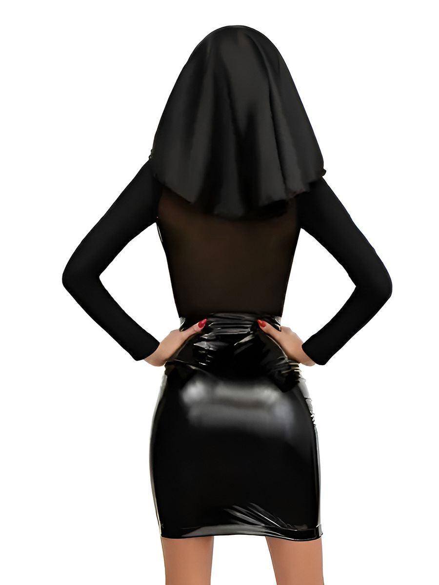 Black Habit Nun Costume Long Sleeve Mesh Top and Faux Leather Mini Skirt with Veil