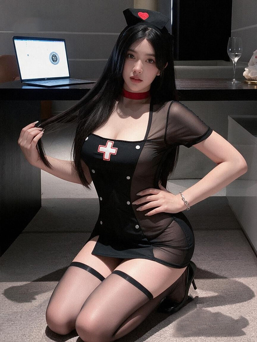 Black Nurse Cosplay Costume Set Sheer Mesh Mini Dress with Nurse Headband