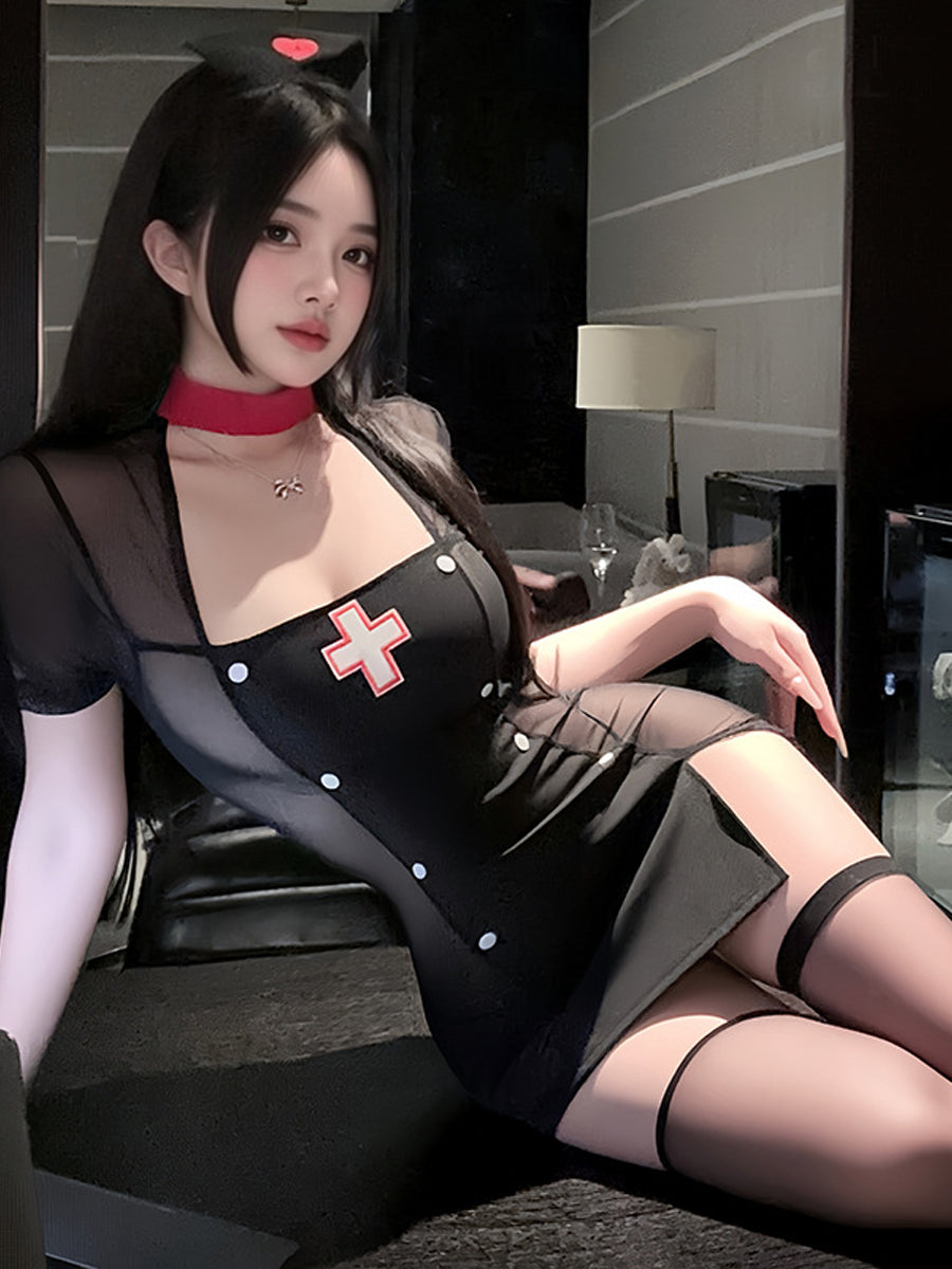 Black Nurse Cosplay Costume Set Sheer Mesh Mini Dress with Nurse Headband