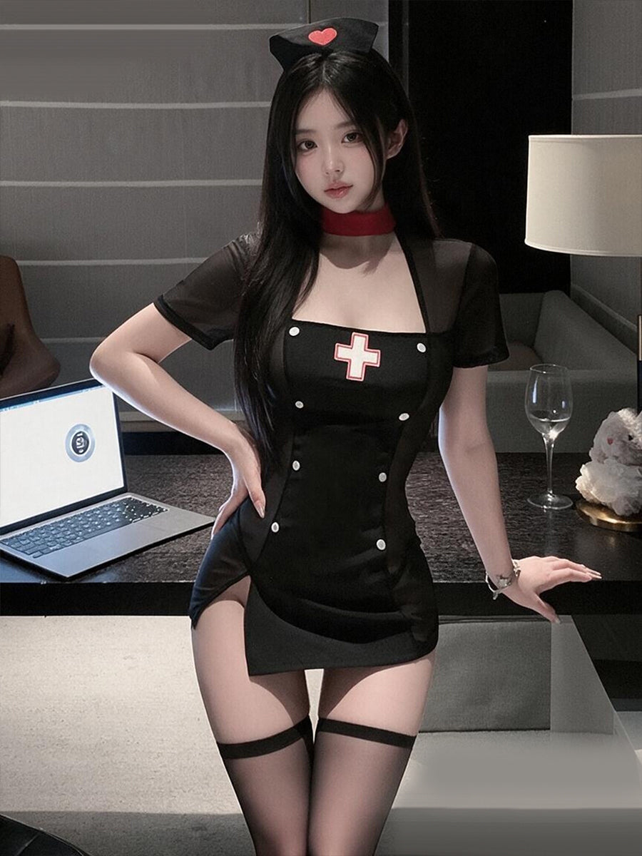 Black Nurse Cosplay Costume Set Sheer Mesh Mini Dress with Nurse Headband