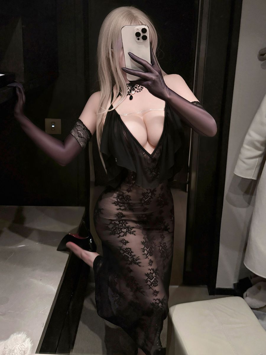 See Through Sleepwear Dress Black Sheer Floral Lace Maxi Nightgown