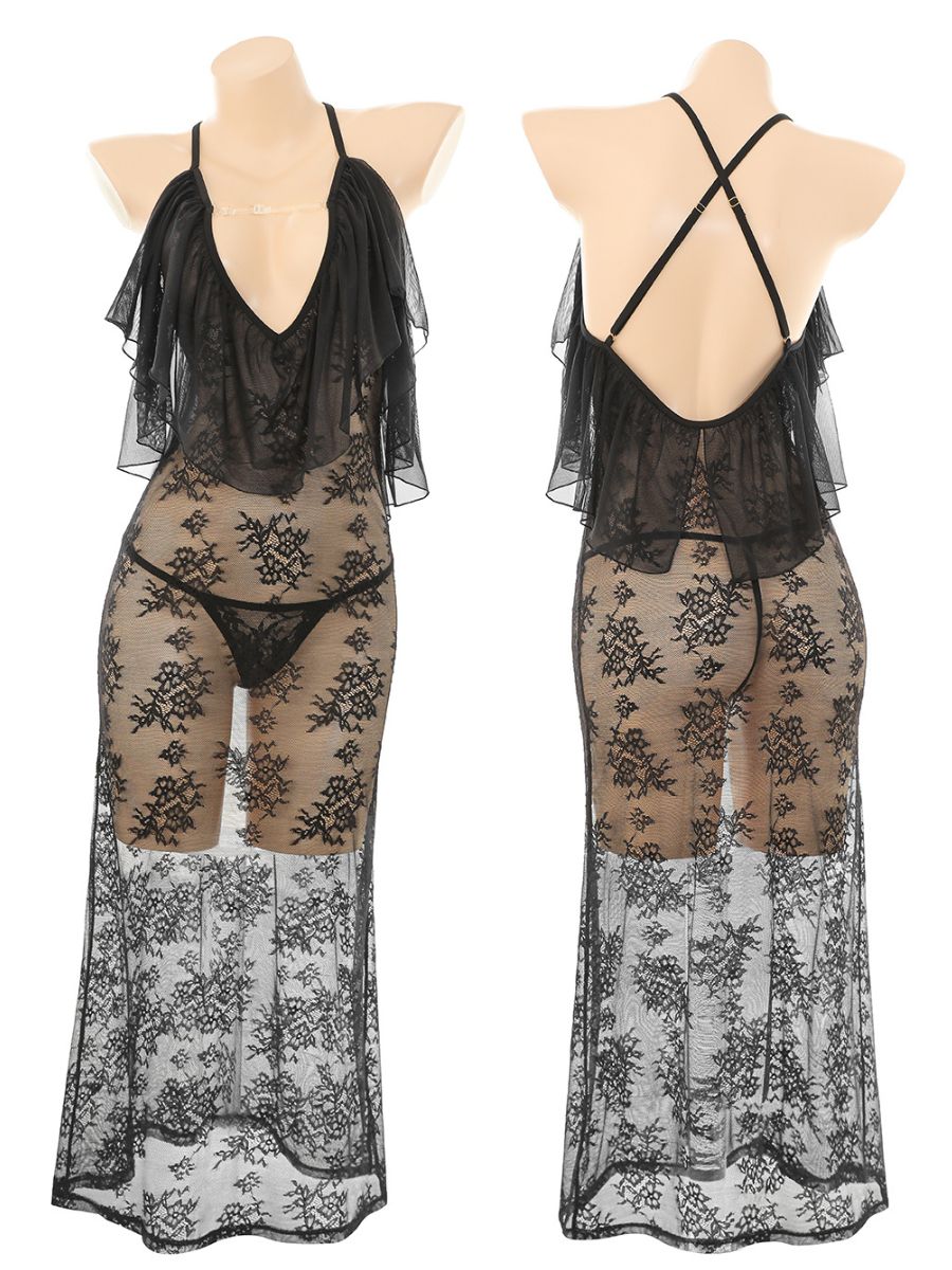 See Through Sleepwear Dress Black Sheer Floral Lace Maxi Nightgown