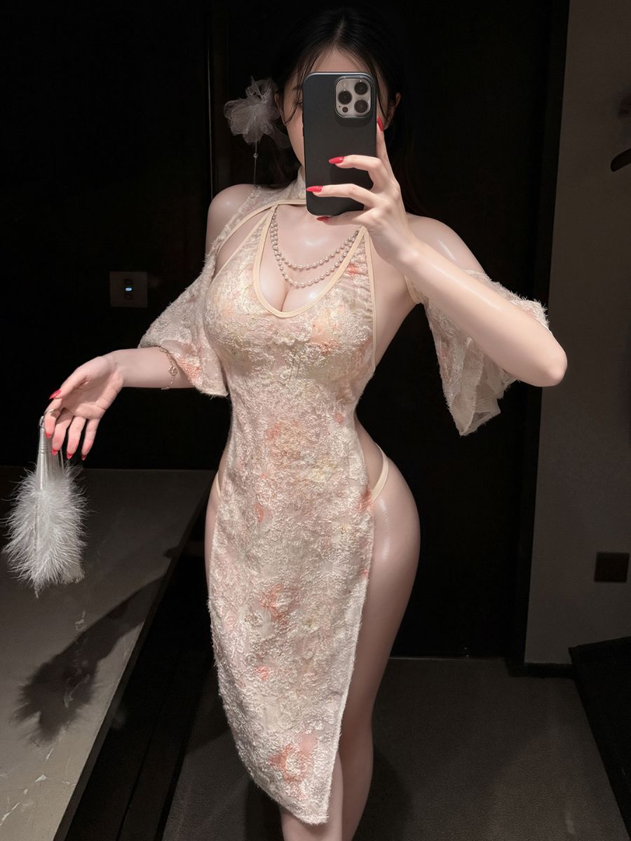 Sheer Lace Hollow Out Cheongsam Modern Pink Backless Cold Shoulder Qipao