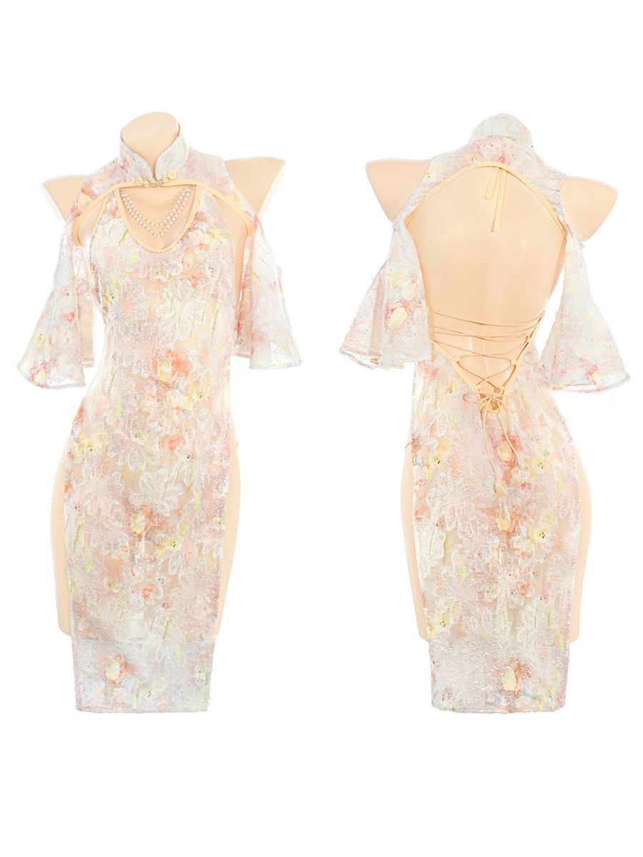 Sheer Lace Hollow Out Cheongsam Modern Pink Backless Cold Shoulder Qipao