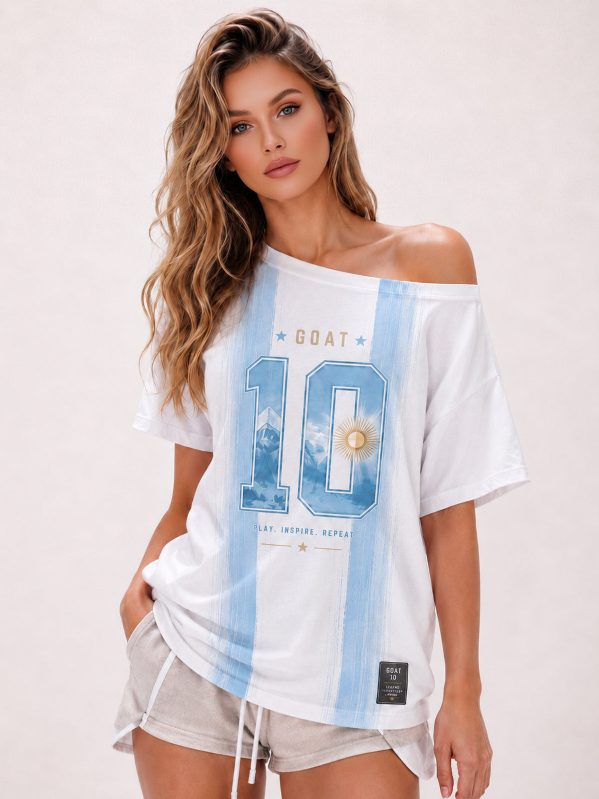 Argentina Number 10 Soccer Jersey 2026 World Cup Women's Off Shoulder Short Sleeve T Shirt.8