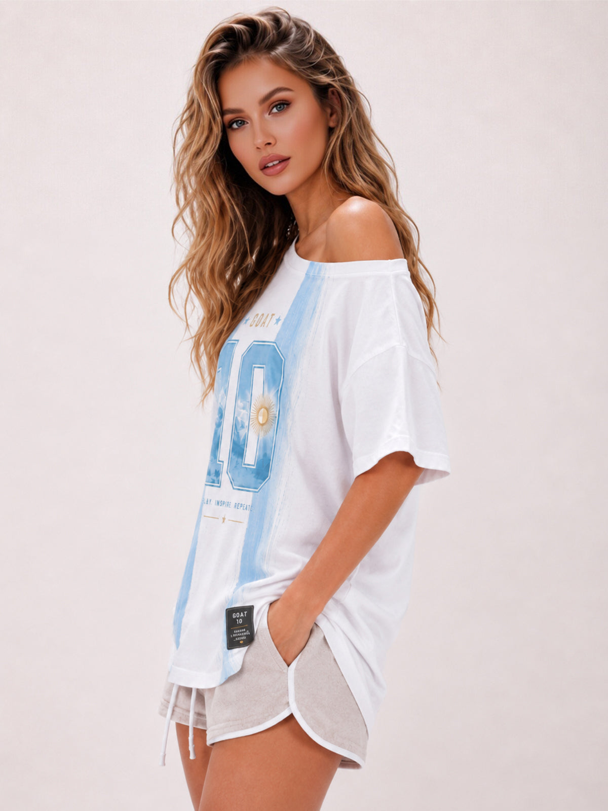 Argentina Number 10 Soccer Jersey 2026 World Cup Women's Off Shoulder Short Sleeve T Shirt.9