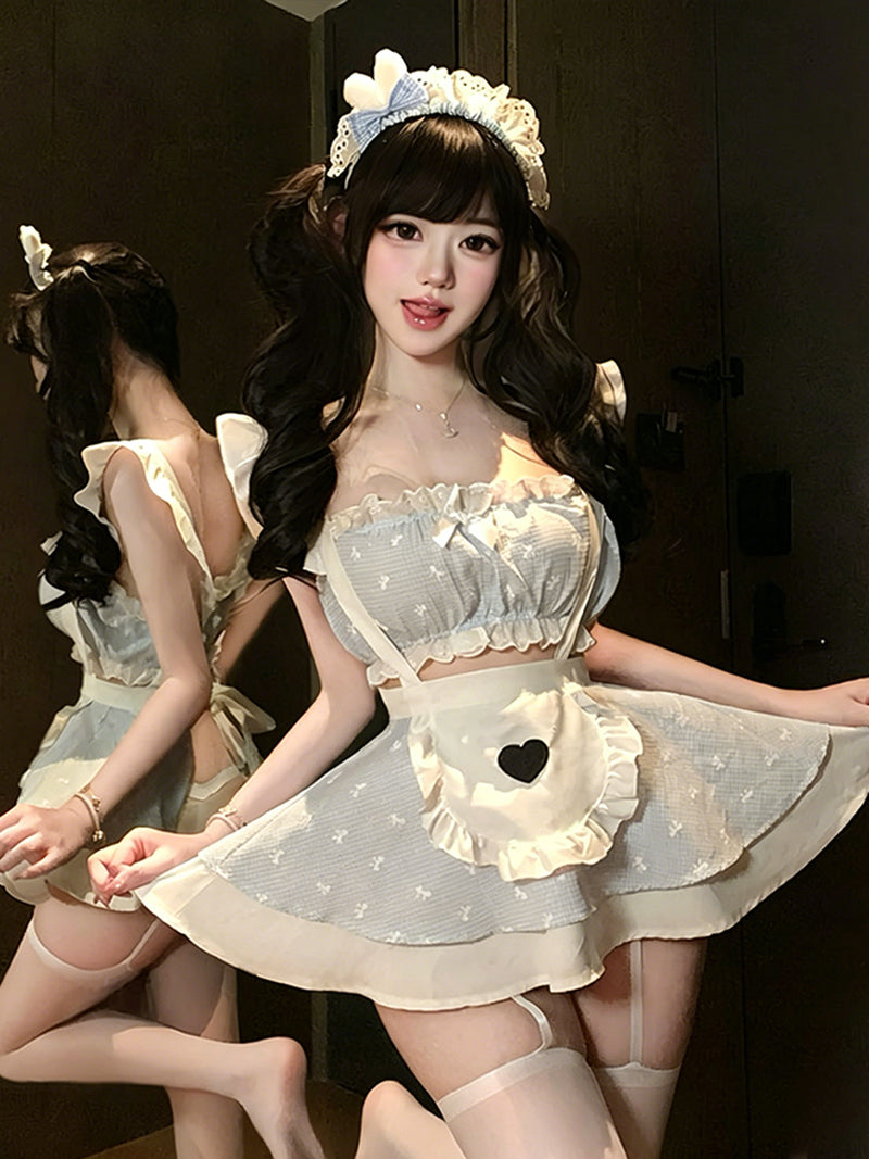 Cute Gingham Maid Costume Blue Ruffled Crop Top and Apron Skirt