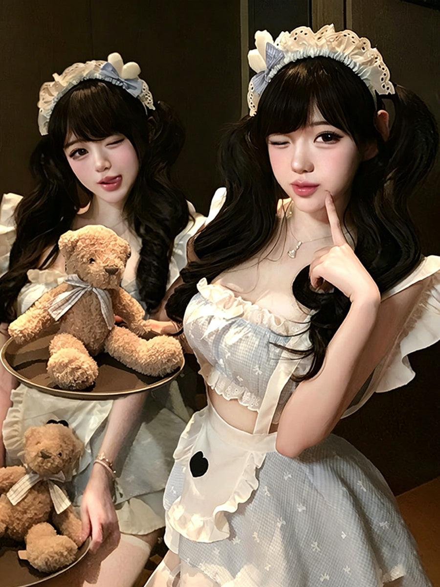 Cute Gingham Maid Costume Blue Ruffled Crop Top and Apron Skirt