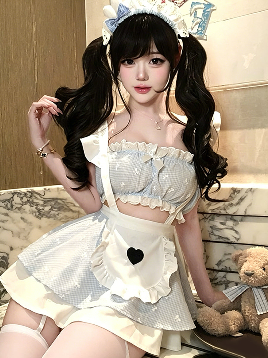 Cute Gingham Maid Costume Blue Ruffled Crop Top and Apron Skirt