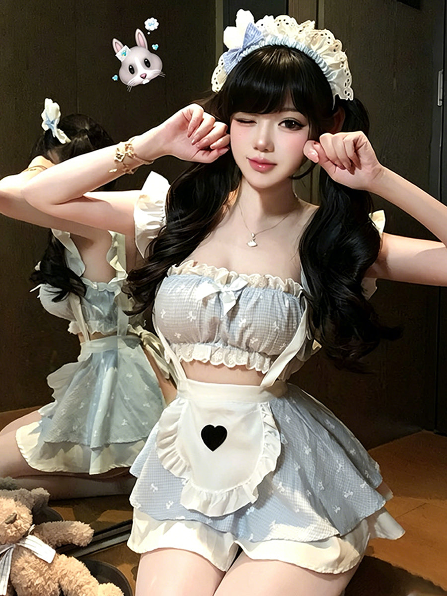 Cute Gingham Maid Costume Blue Ruffled Crop Top and Apron Skirt
