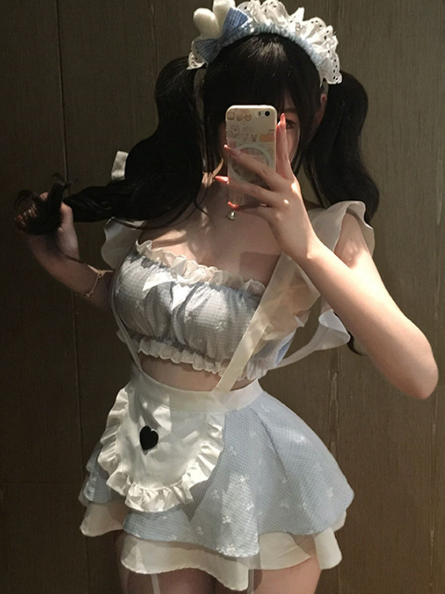 Cute Gingham Maid Costume Blue Ruffled Crop Top and Apron Skirt