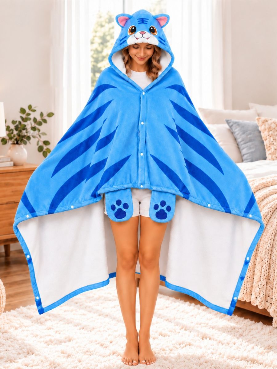 Kpop Blue Tiger Hooded Blanket Poncho Cute Tiger Stripe Fleece Cape with Paw Pockets