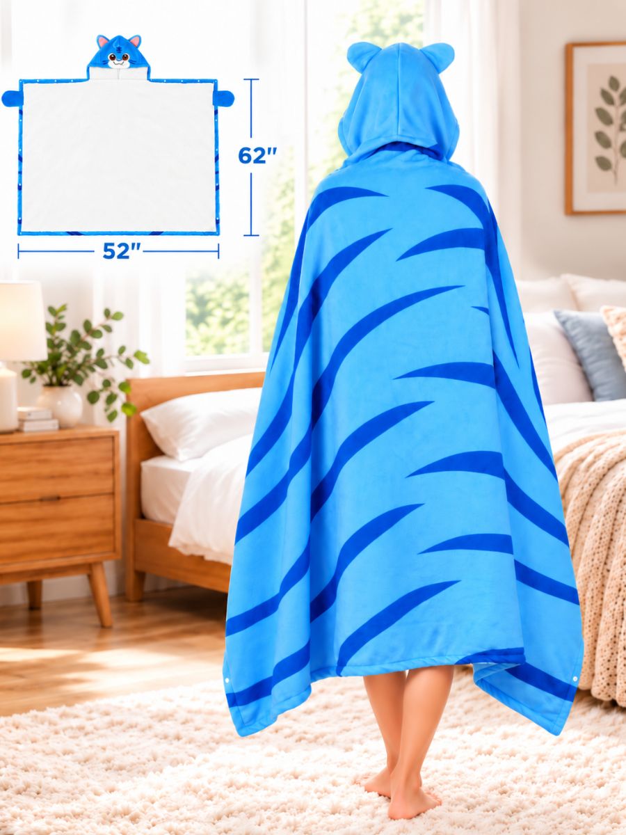 Kpop Blue Tiger Hooded Blanket Poncho Cute Tiger Stripe Fleece Cape with Paw Pockets