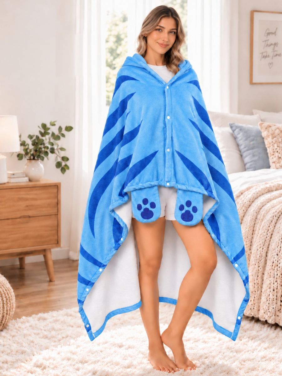 Kpop Blue Tiger Hooded Blanket Poncho Cute Tiger Stripe Fleece Cape with Paw Pockets