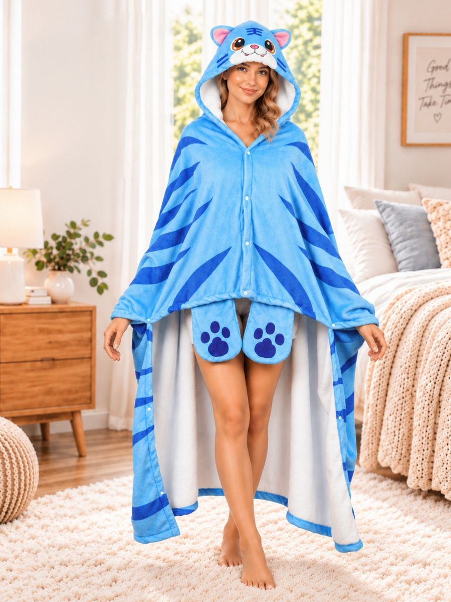 Kpop Blue Tiger Hooded Blanket Poncho Cute Tiger Stripe Fleece Cape with Paw Pockets