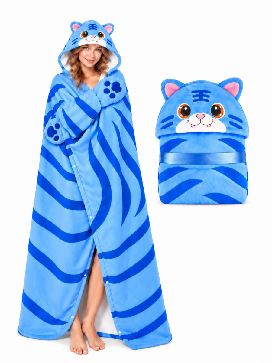 Kpop Blue Tiger Hooded Blanket Poncho Cute Tiger Stripe Fleece Cape with Paw Pockets