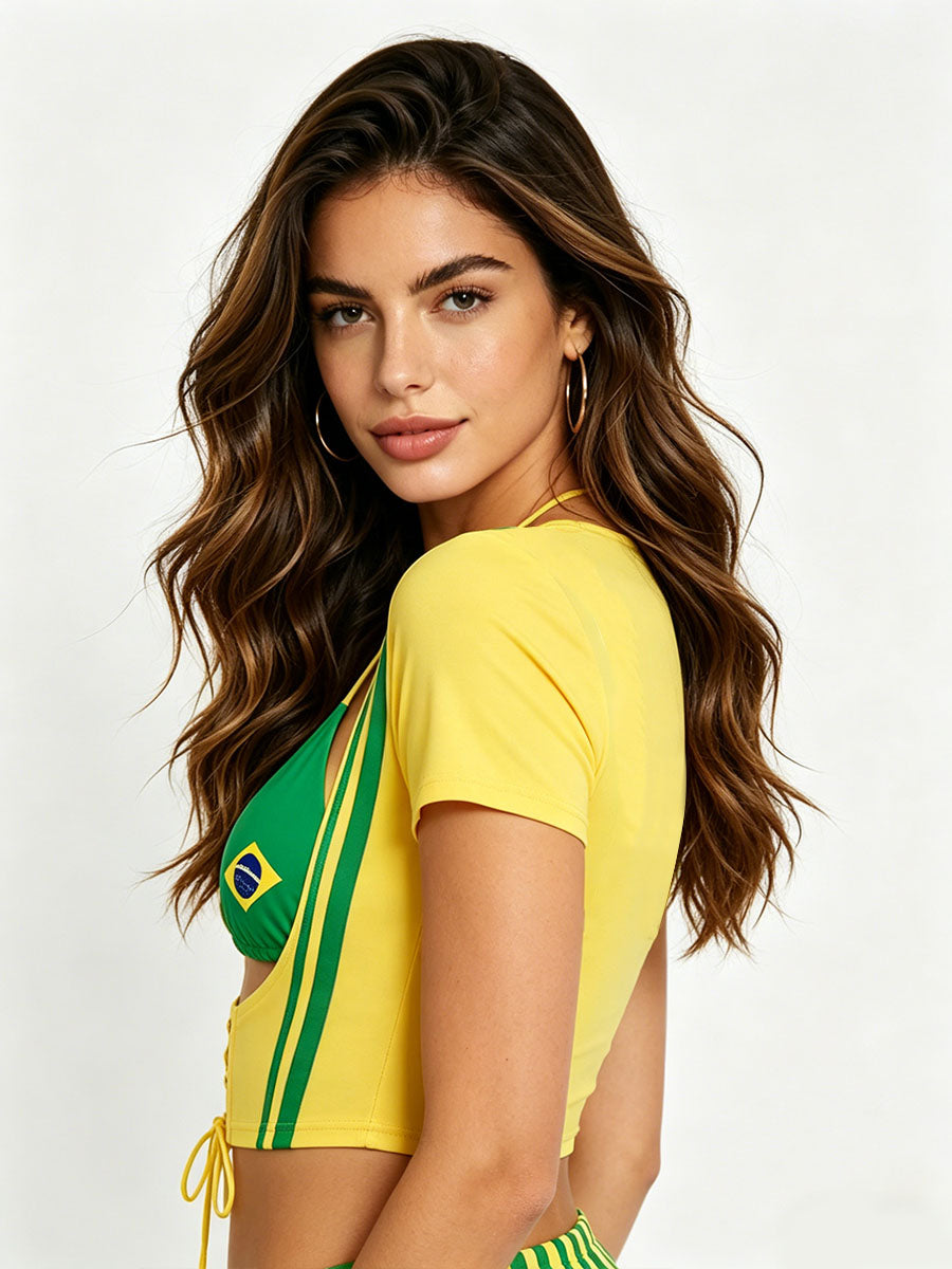 Brazil Style Two Piece Lace Up Crop Top and Bikini Bra Top for Women