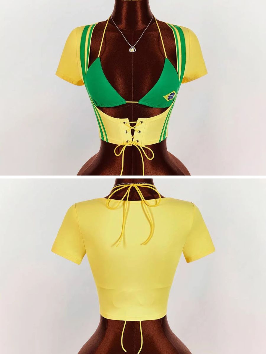 Brazil Style Two Piece Lace Up Crop Top and Bikini Bra Top for Women