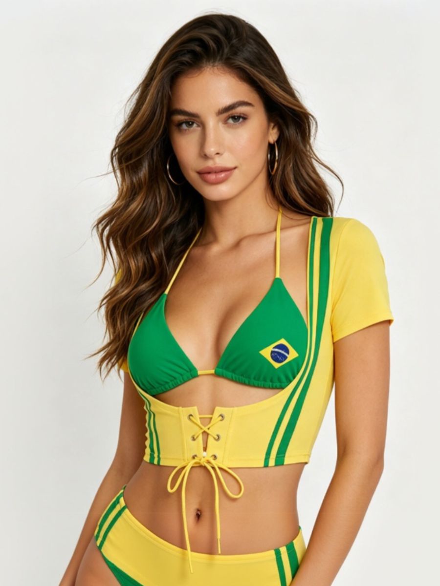 Brazil Style Two Piece Lace Up Crop Top and Bikini Bra Top for Women