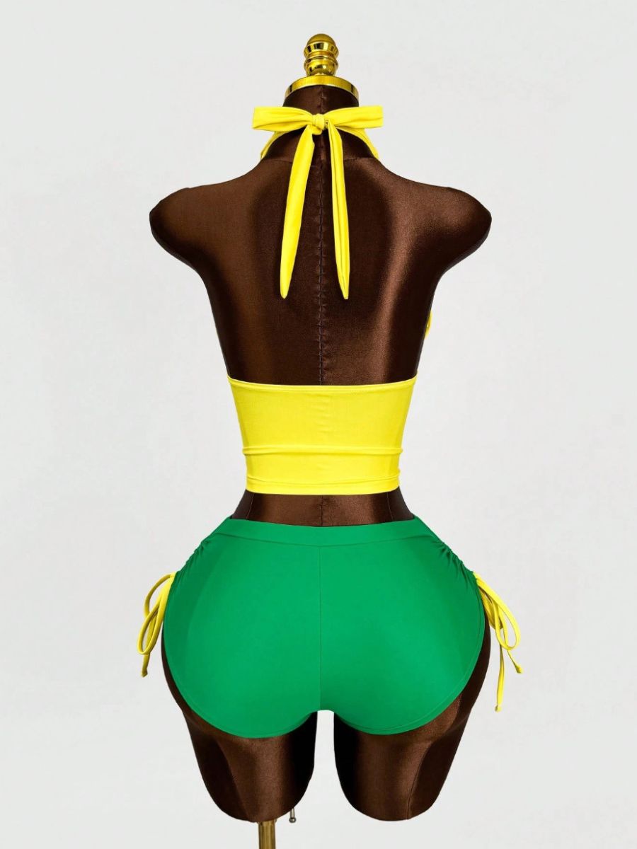 Brazil Two Piece Swimwear Set Y2K Halter Crop Top and Booty Shorts 