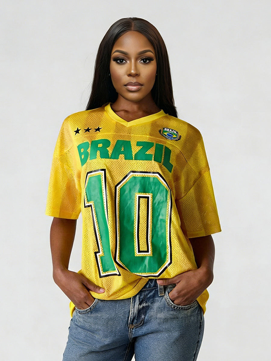 Brazil Soccer Jersey for Women Brazil Yellow Oversized Shirt Casual Vacation Short Sleeve Tops 