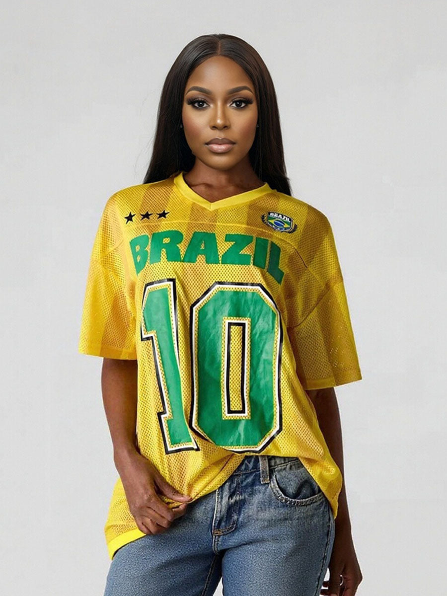 Brazil Soccer Jersey for Women Brazil Yellow Oversized Shirt Casual Vacation Short Sleeve Tops 