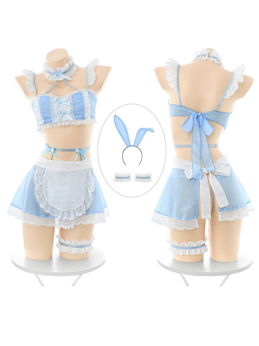 Anime Bunny Maid Cosplay Costume Set Bunny Girl Ruffled Crop Top with Apron Mini Skirt