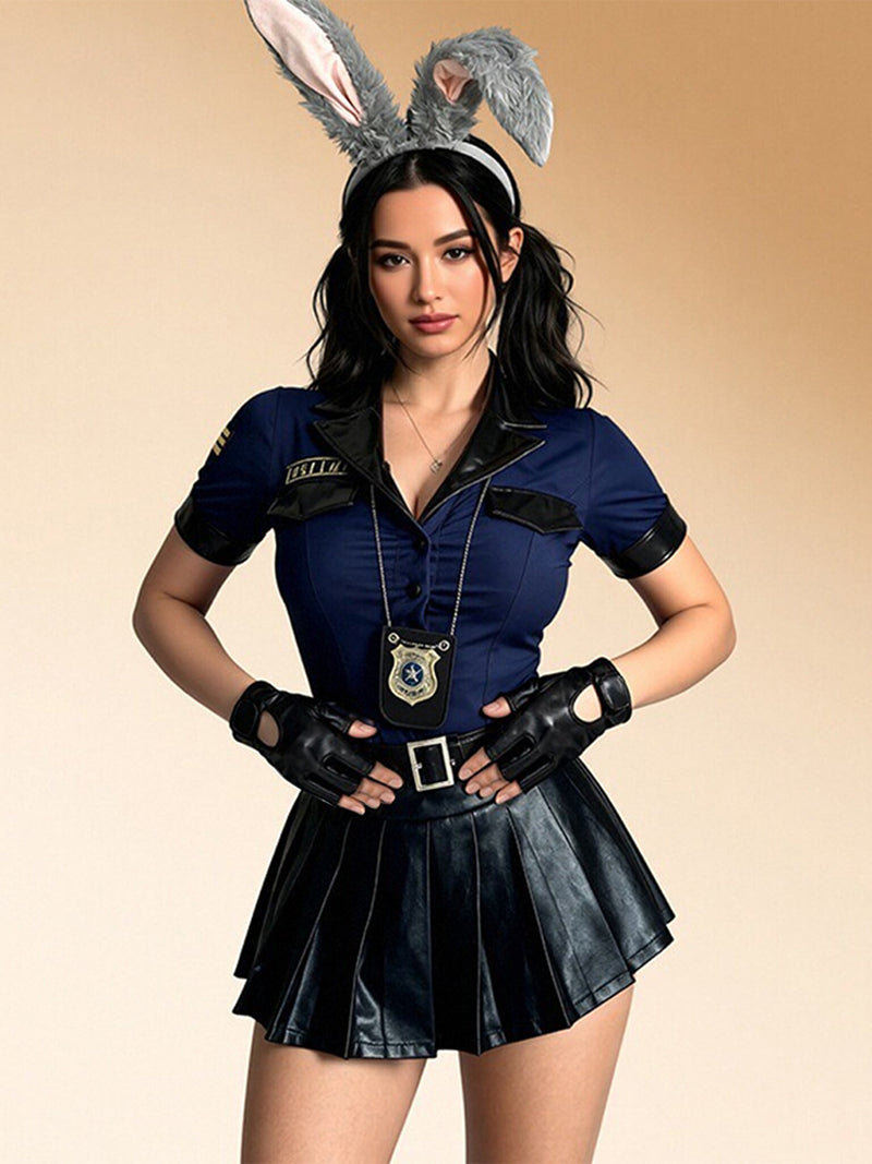 Anime Bunny Police Officer Cosplay Costume Judy Hopps-Inspired Dark Blue Top and Faux Leather Skirt Set 