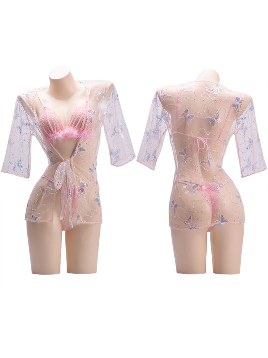 3 Piece Sheer Mesh Robe Set Sexy Butterfly Sequin Embroidery Kimono with Bra and Panty