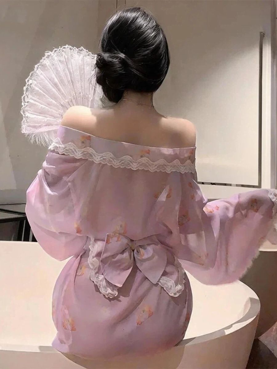 Japanese Lace Trimmed Kimono Lingerie Set Sheer Chiffon Yukata Cosplay Robe