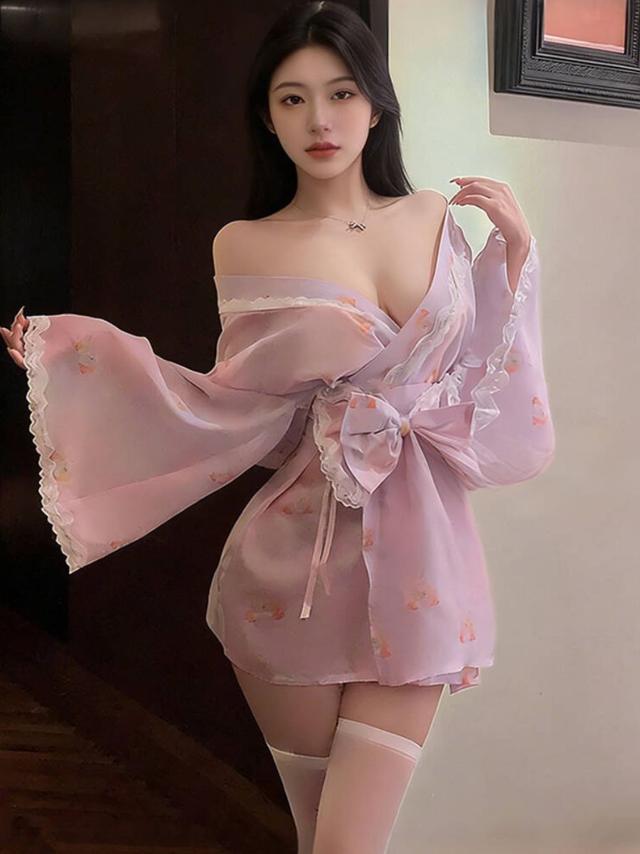Japanese Lace Trimmed Kimono Lingerie Set Sheer Chiffon Yukata Cosplay Robe
