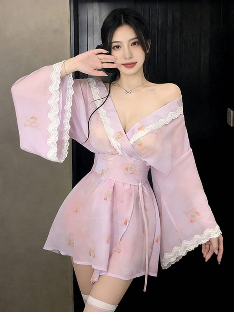 Japanese Lace Trimmed Kimono Lingerie Set Sheer Chiffon Yukata Cosplay Robe