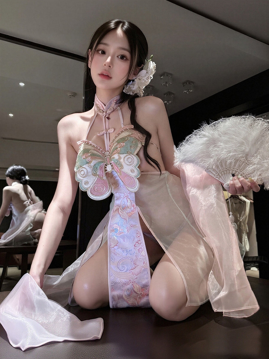 Sheer Cheongsam Lingerie Dress Chinese Style Embroidered Butterfly Slit Mini Dress