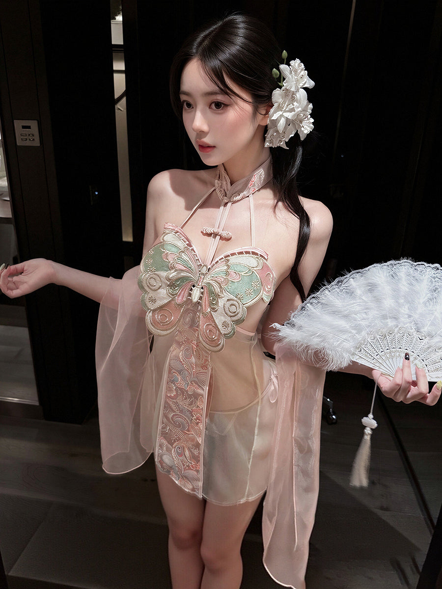 Sheer Cheongsam Lingerie Dress Chinese Style Embroidered Butterfly Slit Mini Dress