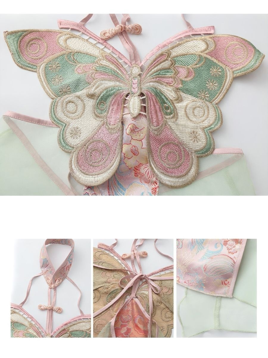 Sheer Cheongsam Lingerie Dress Chinese Style Embroidered Butterfly Slit Mini Dress