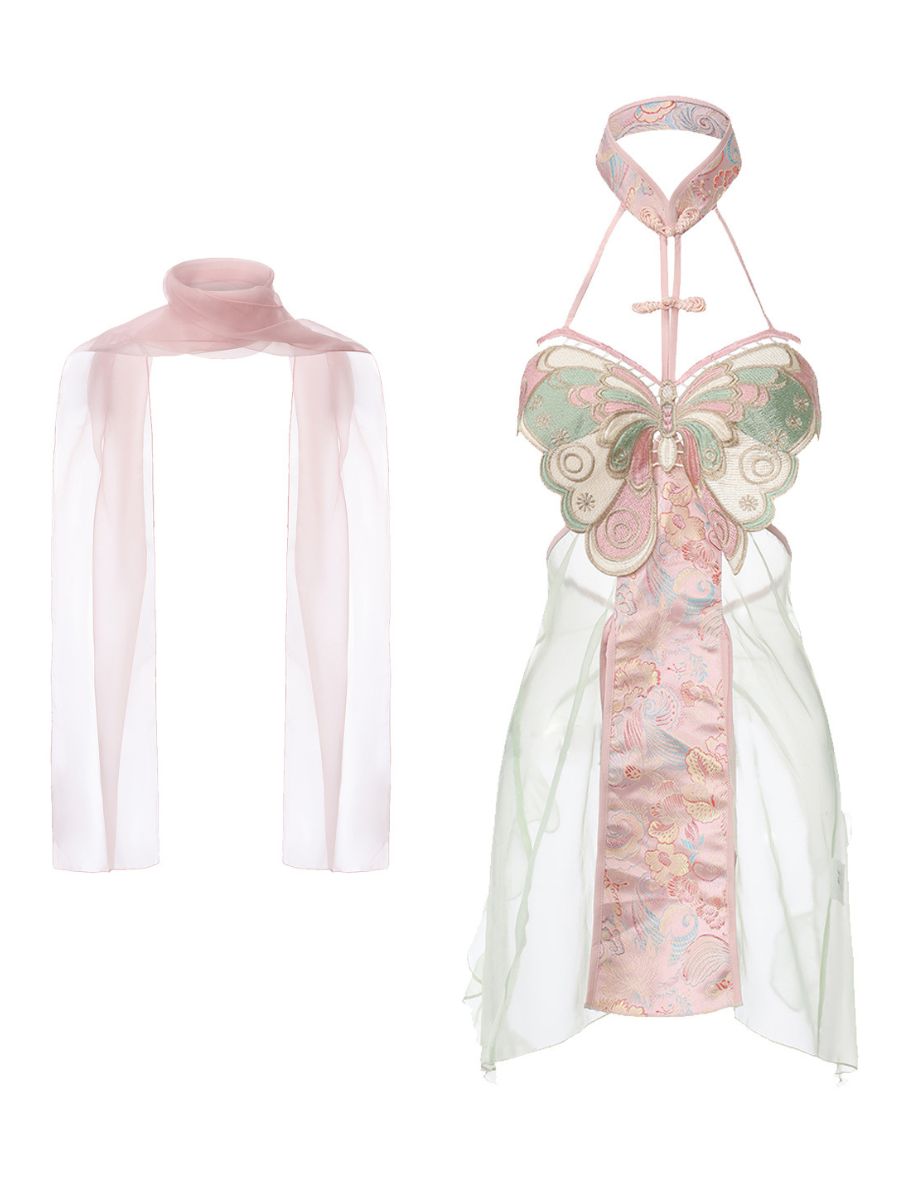Sheer Cheongsam Lingerie Dress Chinese Style Embroidered Butterfly Slit Mini Dress