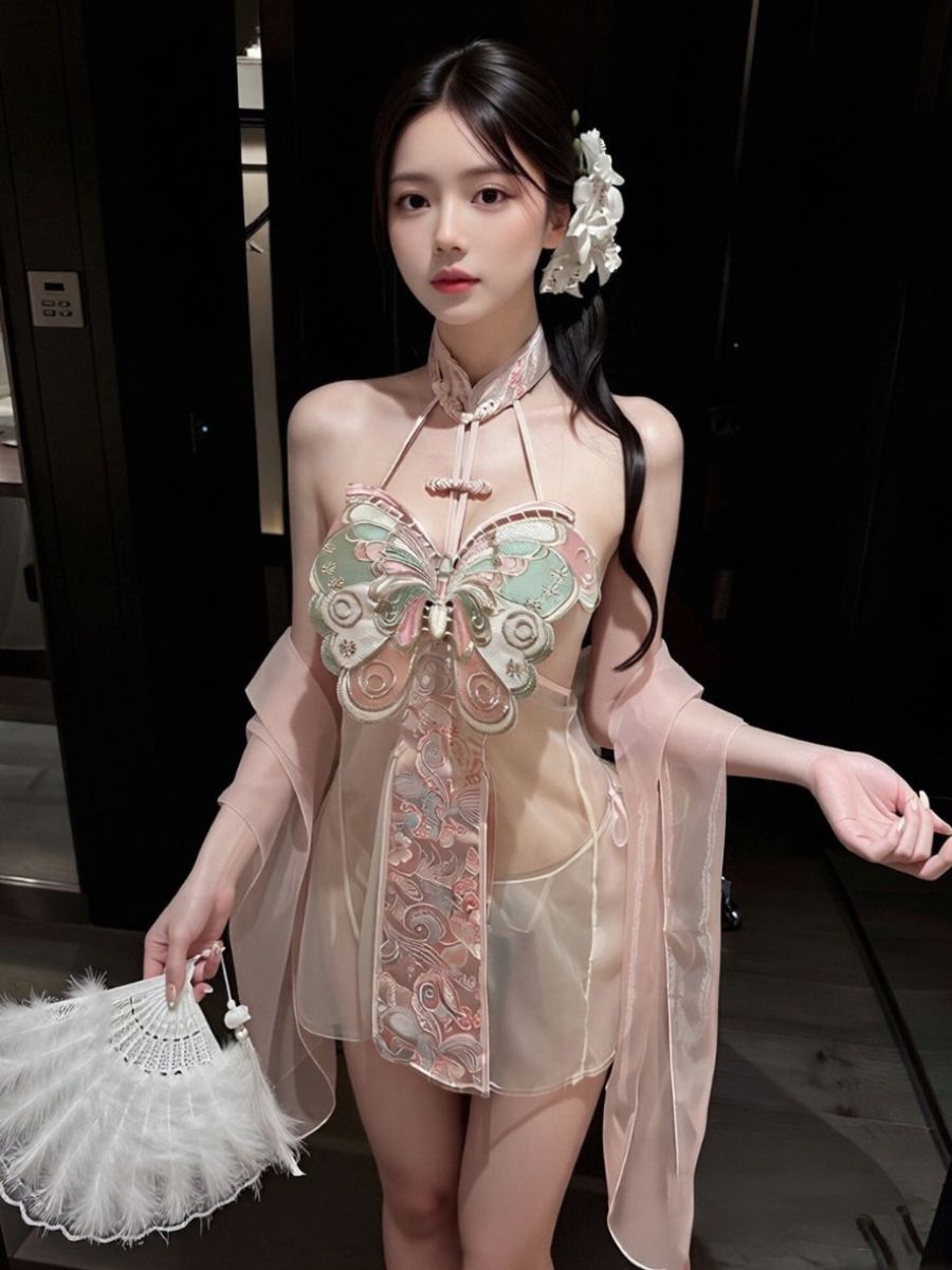 Sheer Cheongsam Lingerie Dress Chinese Style Embroidered Butterfly Slit Mini Dress