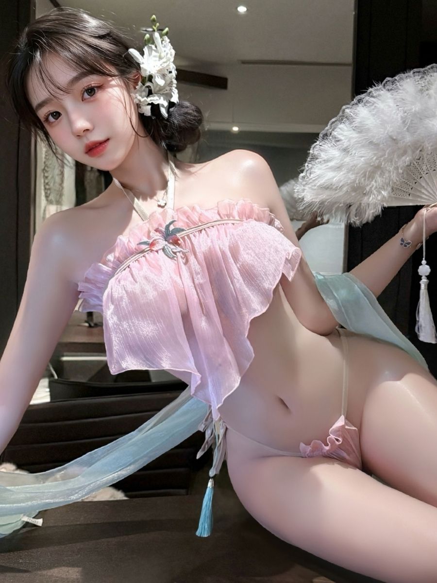 Chinese Style Cosplay Lingerie Pink Halter Crop Top and Tie Bottoms with Chiffon Shawl 
