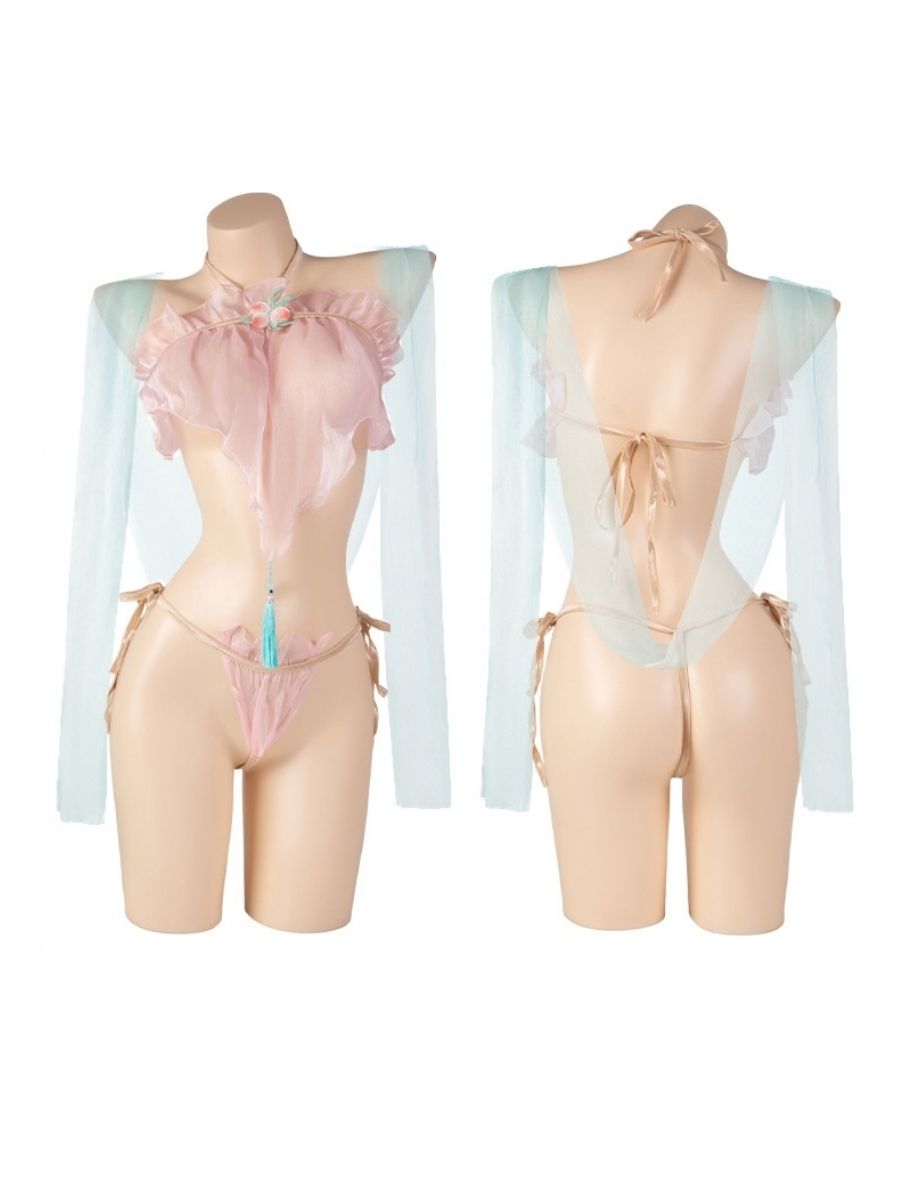 Chinese Style Cosplay Lingerie Pink Halter Crop Top and Tie Bottoms with Chiffon Shawl 